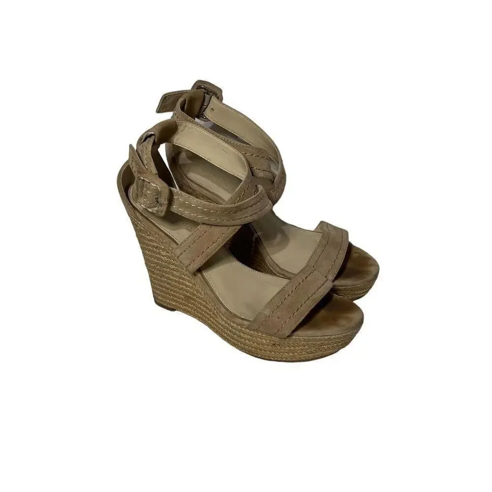 Marc Fisher Haely Nude Beige Suede Wedge Heel Espadrille Sandal Shoes Size 8